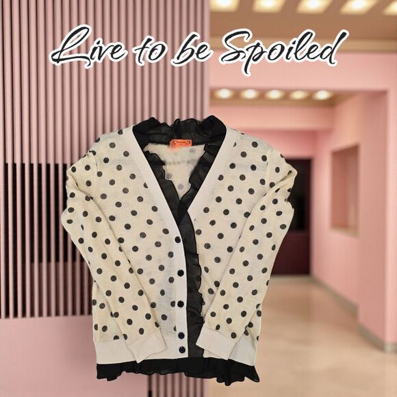 Live to be Spoiled Beige Black Polka Dots & Lace Accents Cardigan Sweater Medium - Picture 5 of 5